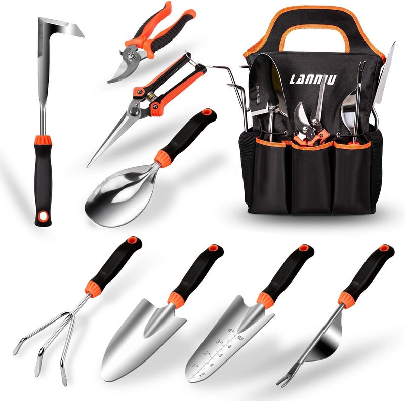 LANNIU Garden Tool Set, 9 Piece Stainless Steel Heavy Duty Gardening Tool Set, with Non-Slip Rubber Grip, Storage Pocket, Ideal Gardening Gifts for Men - Image 1